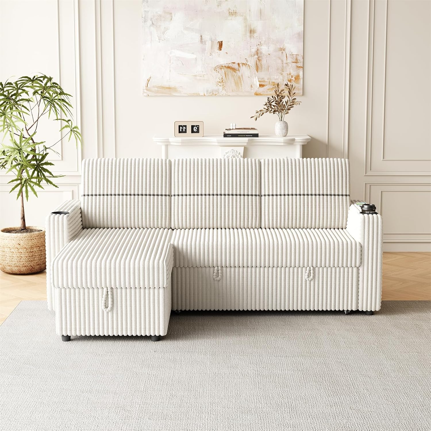 Beige Wide Wale Corduroy Sleeper Sofa